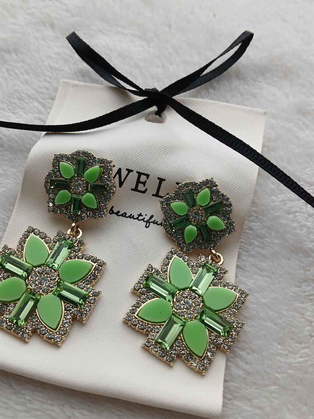 Heidi Daus Green & Gold Metal Floral Drop Earrings + Intrictate Crystal Accents